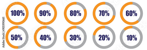 Circle loading or circle progress collection. Set of circle percentage diagrams for infographics 0 10 20 30 40 50 60 70 80 90 100 percent in black and grey color. Vector infographics set.