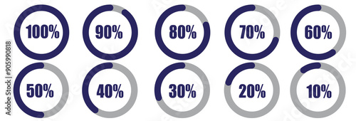 Circle loading or circle progress collection. Set of circle percentage diagrams for infographics 0 10 20 30 40 50 60 70 80 90 100 percent in black and grey color. Vector infographics set.