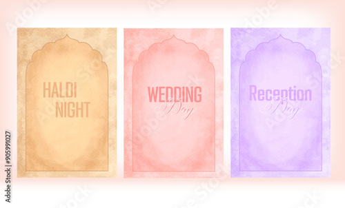 Set of wedding Mughal arch invitation cards. Pastel colors. Can be used on invitations, events, and printing. Vector illustration.