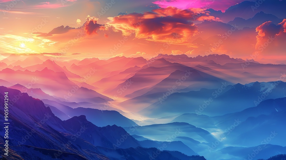Fototapeta premium Panoramic mountain landscape at sunset, vibrant colors, dramatic clouds, breathtaking and majestic