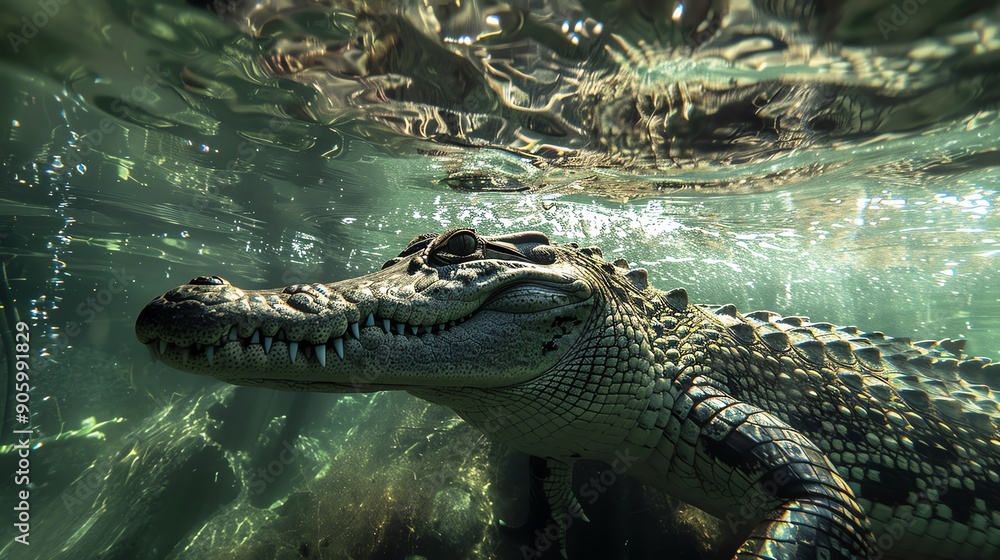 Underwater shot of a crocodile swimming, clear water, sunlight filtering through, intense and closeup Underwater shot of a crocodile swimming, clear water, sunlight filtering through, intense and closeup