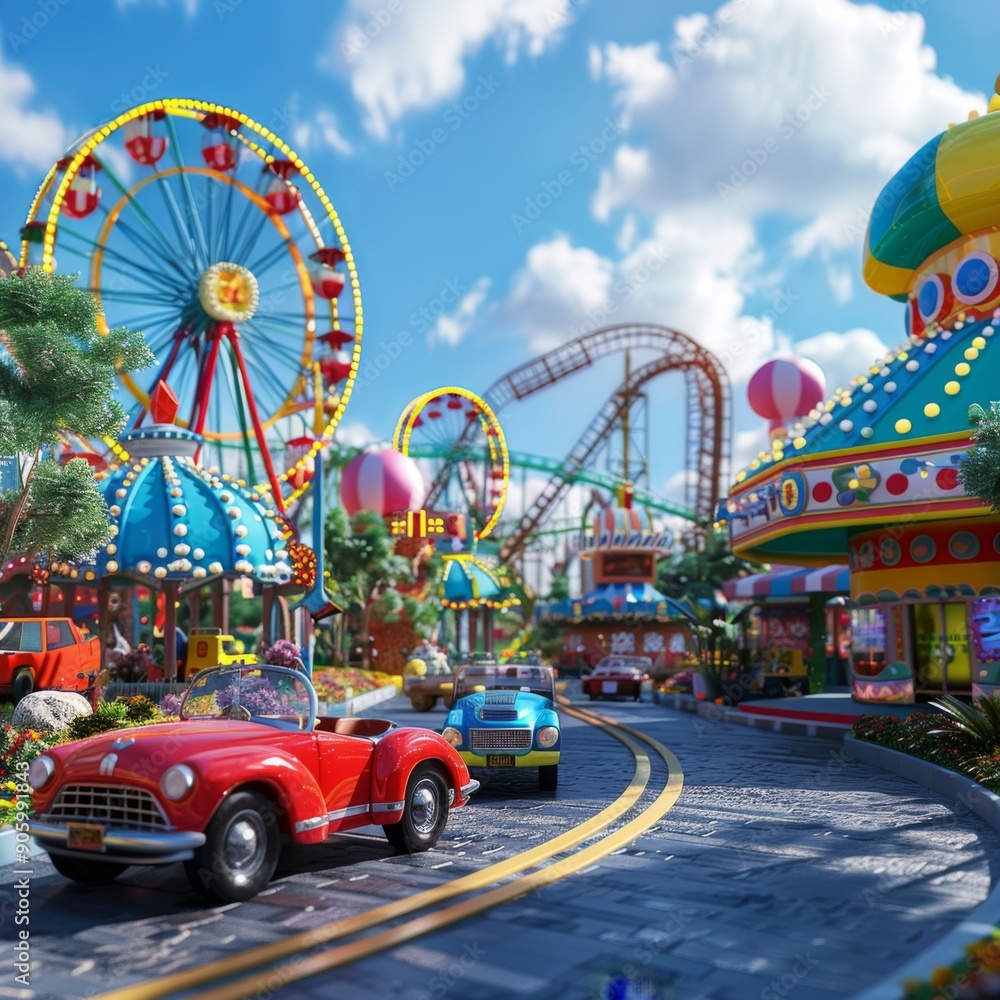 Bright 3D amusement park with roller coasters and fun rides