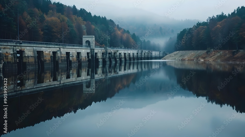 Fototapeta premium Tranquil Reflection of Iconic Dam in Calm Reservoir Waters
