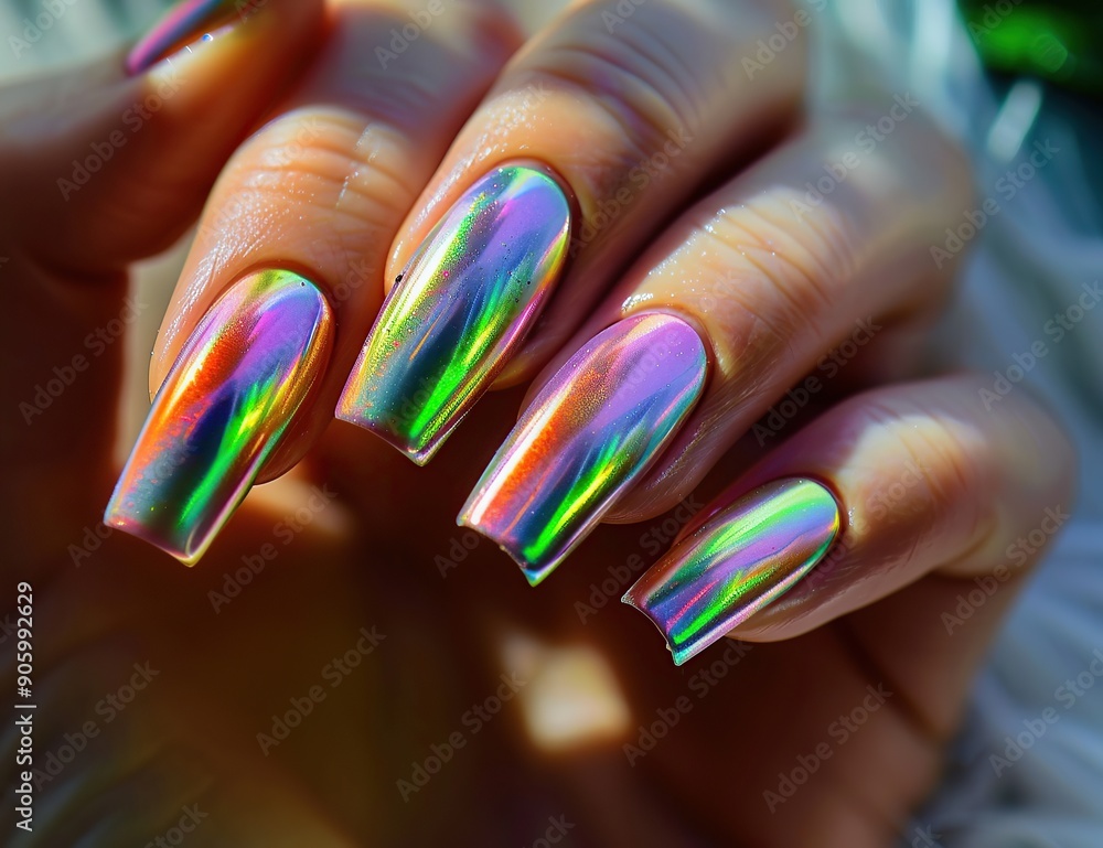 Obraz premium A photo of a perfect iridescent rainbow manicure, captured in high definition with stunning detail