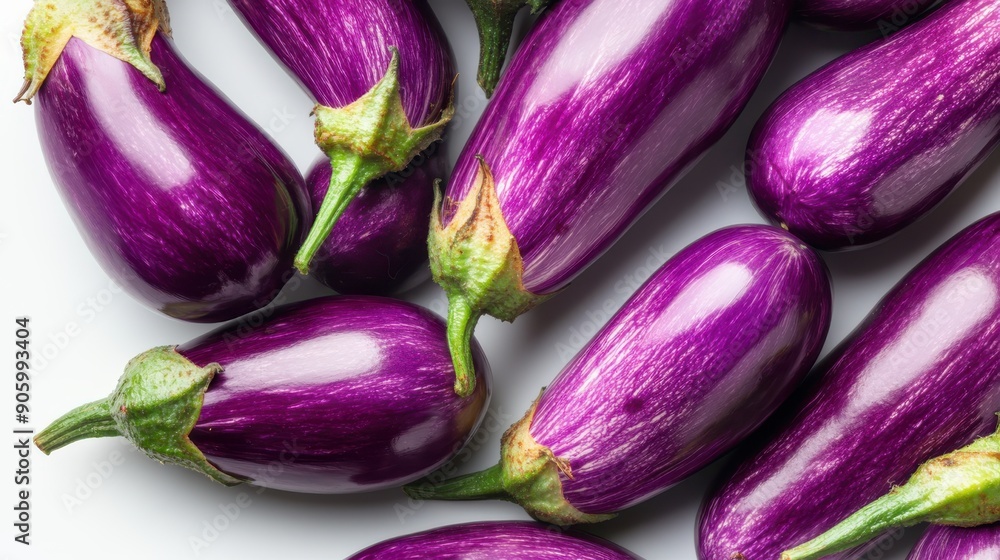 Close-up of two fresh, vibrant purple eggplants on a white background, ideal for culinary and agricultural themes. Close-up of two fresh, vibrant purple eggplants on a white background, ideal for culinary and agricultural themes.