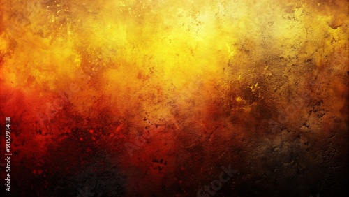 A captivating blend of warm hues like yellow, burnt orange, and red collides with rough textures and black accents, creating a unique and rustic abstract background.