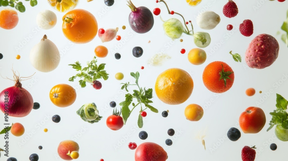 Various vegetables and fruits isolated on white background, top view, flat layout. Concept of healthy eating, food background. Various vegetables and fruits isolated on white background, top view, flat layout. Concept of healthy eating, food background.