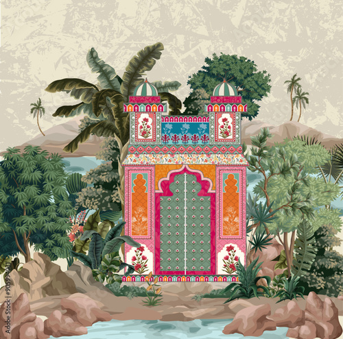 Indian mughal royal gate, Indian ancient architecture, tropical tree vector illustration.