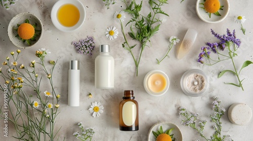 Detailed flat lay of a minimalist beauty setup with natural skincare products and fresh flowers