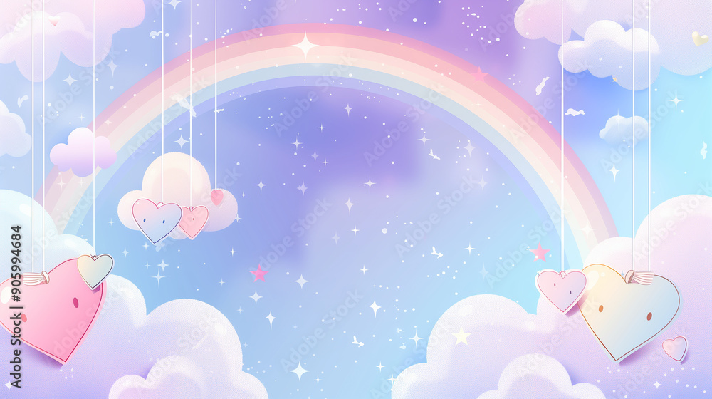 Cute Rainbow with Hanging Hearts and Stars in a Cloudy Sky Cute Rainbow with Hanging Hearts and Stars in a Cloudy Sky
