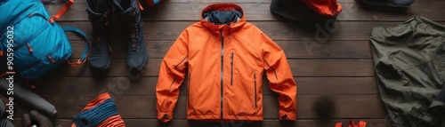 Orange outdoor jacket with hiking gear and camping equipment arranged on a wooden floor, ideal for adventure and travel enthusiasts.