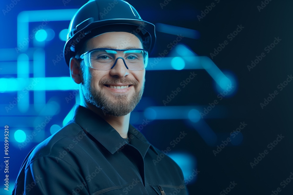 Smiling Male Engineer in Cyber Neon Uniform - High-Tech Digital Portrait Smiling Male Engineer in Cyber Neon Uniform - High-Tech Digital Portrait