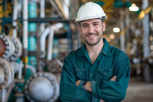 Confident Male Factory Worker with White Hard Hat and Green Uniform in Manufacturing Plant