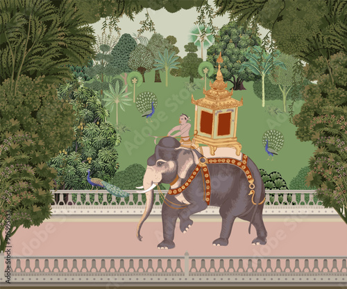 Traditional Mughal garden, forest, elephant ride, mahout in Thailand vector illustration for wallpaper.