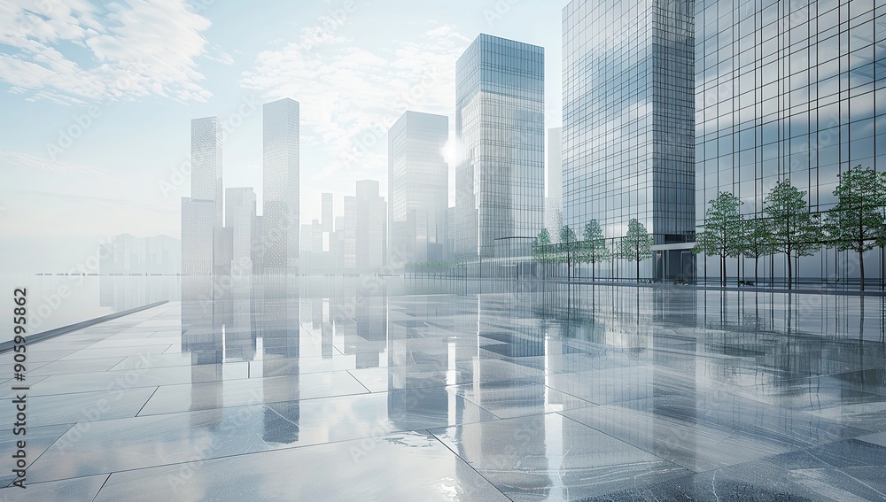 A modern city with skyscrapers and large glass buildings, overlooking the water surface A modern city with skyscrapers and large glass buildings, overlooking the water surface