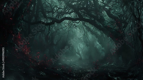 Fototapeta Naklejka Na Ścianę i Meble -  The dark forest is scary, plus bloodthirsty flora