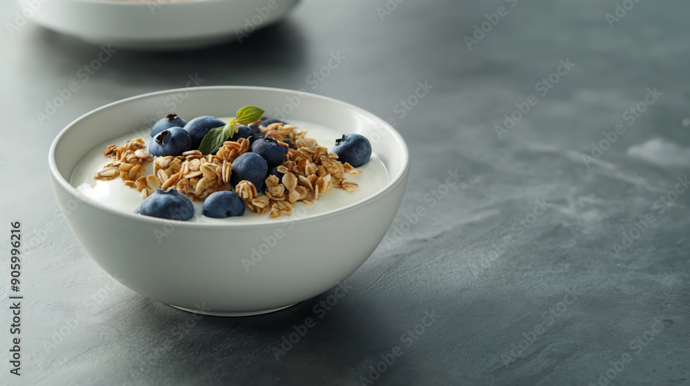 White Bowl Filled With Yogurt, Blueberries, Granola, And Fresh Mint Leaves, Breakfast White Bowl Filled With Yogurt, Blueberries, Granola, And Fresh Mint Leaves, Breakfast