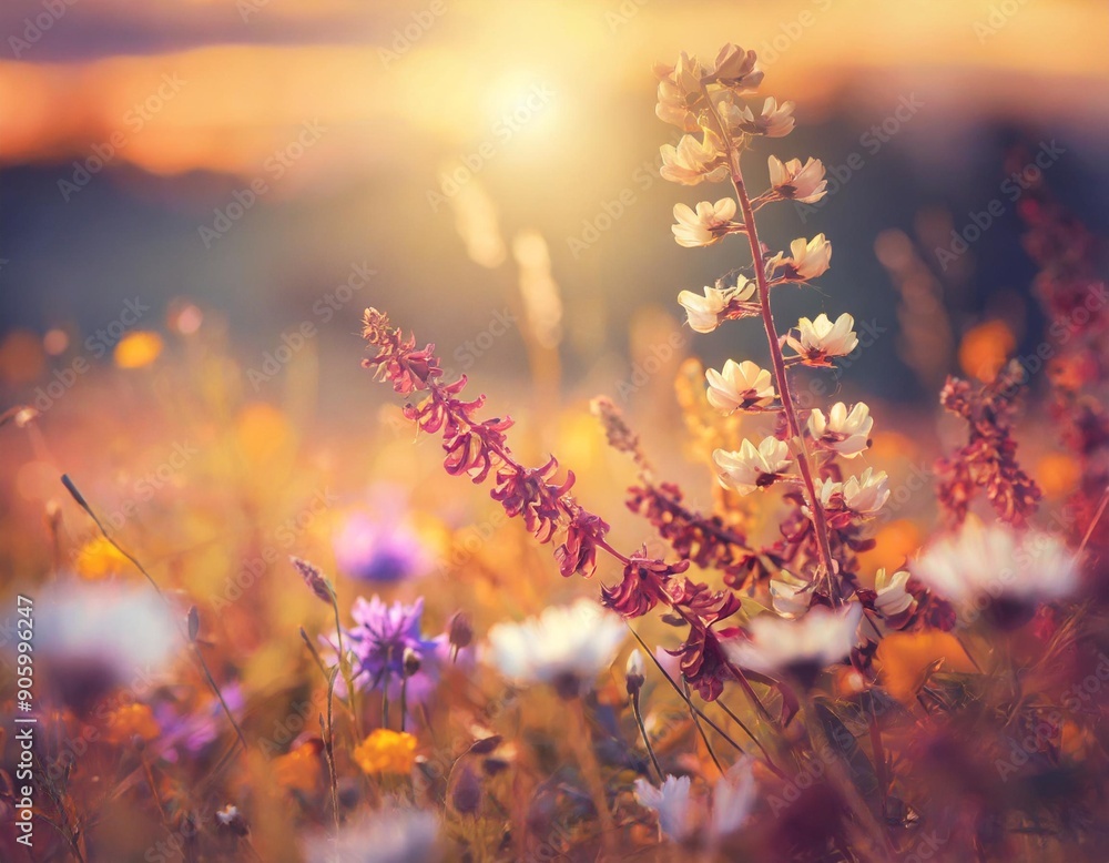 Autumn abstract nature background, fall backdrop. Beautiful Meadow with wild flowers over sunset sky. Beauty nature field background with sun flare. Bokeh, Silhouettes of wild grass and flowers Autumn abstract nature background, fall backdrop. Beautiful Meadow with wild flowers over sunset sky. Beauty nature field background with sun flare. Bokeh, Silhouettes of wild grass and flowers