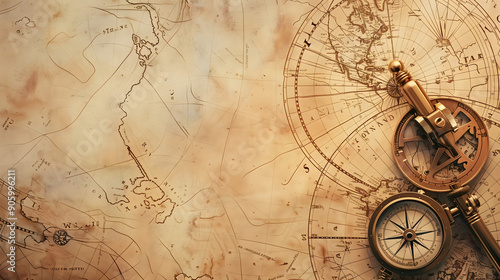 Vintage map background with a compass and a sextant，old compass on old map