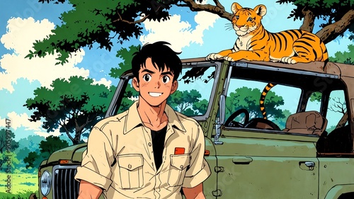 handsome guy in safari landscape background smiling happy illustration art anime cartoon