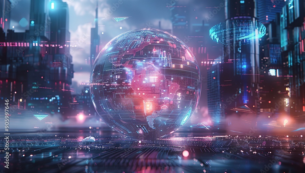 A futuristic sphere with glowing lights and digital patterns floating in the air A futuristic sphere with glowing lights and digital patterns floating in the air