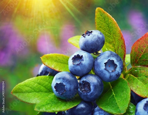 Autumn blueberries art design. Juicy and fresh wildberry growing in forest. Blueberry nature violet bright background. Organic Bilberry closeup. Antioxidant. Concept for healthy eating and nutrition. photo