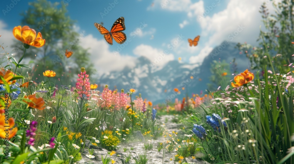 3D wildflower meadow with butterflies and a walking path 3D wildflower meadow with butterflies and a walking path