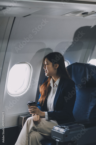 Canvas Print Asian woman sitting in a seat in airplane and looking out the window going on a trip vacation travel concept