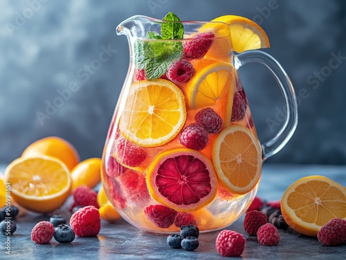 Refreshing Fruit-Infused Water with Berries and Citrus Slices in Glass Pitcher