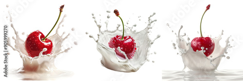 Set of a vibrant cherry suspended in a dynamic splash of milk, isolated on a transparent background.