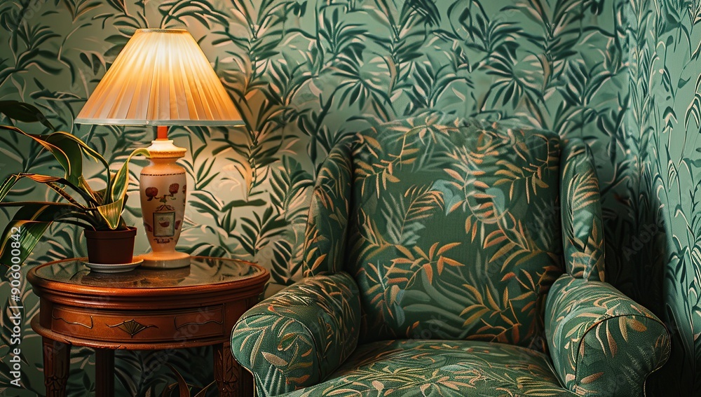 A green patterned armchair with small leaves on it, placed next to an end table holding a potted plant and lamp in front of wallpaper A green patterned armchair with small leaves on it, placed next to an end table holding a potted plant and lamp in front of wallpaper