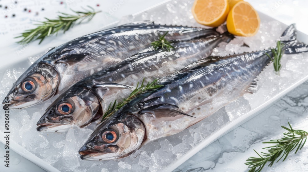 Fresh fish on ice. Seafood on a white background, generated ai. Fresh fish on ice. Seafood on a white background, generated ai.