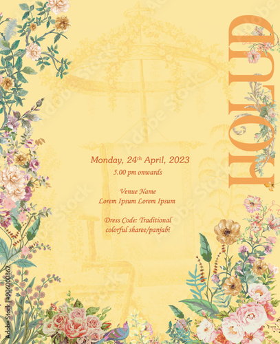 Wedding Holud Invitation Card Design with Wildflowers on a Yellow Background Vector Illustration.