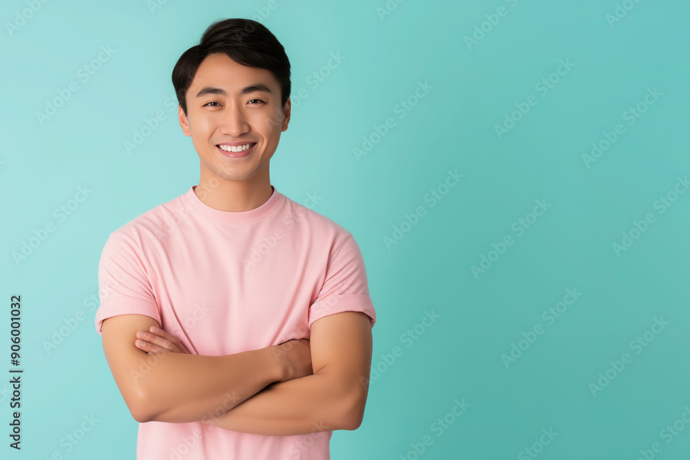 Obraz premium Bright advertising mock-up photo of a young asian man with his arms crossed wearing a pink t-shirt, turquoise blue background