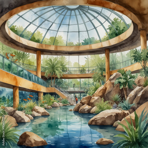 Watercolor illustration of the Henry Doorly Zoo and Aquarium in Omaha, Nebraska. Capture the diverse and immersive exhibits of this renowned zoo, photo