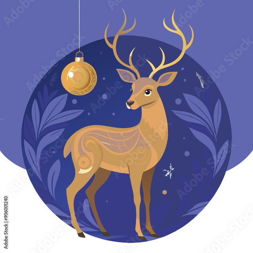 A stylized deer with antlers standing in front of a gold Christmas ornament