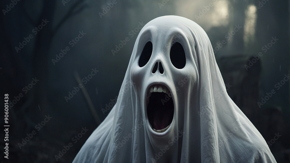 Mysterious Ghostly Figure Shrouded in White Cloth Haunted Old Manor at Midnight Mysterious Ghostly Figure Shrouded in White Cloth Haunted Old Manor at Midnight