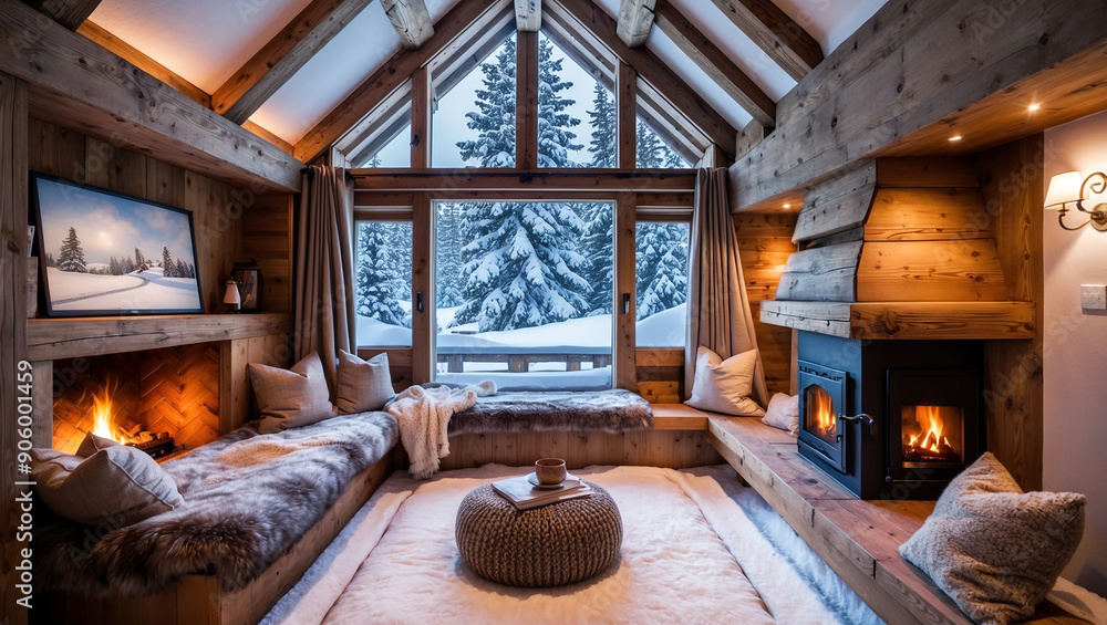 Rustic wooden interior with fireplace and cozy corner to relax with a book. The snow covered pine trees outside create a beautiful winter scene Rustic wooden interior with fireplace and cozy corner to relax with a book. The snow covered pine trees outside create a beautiful winter scene