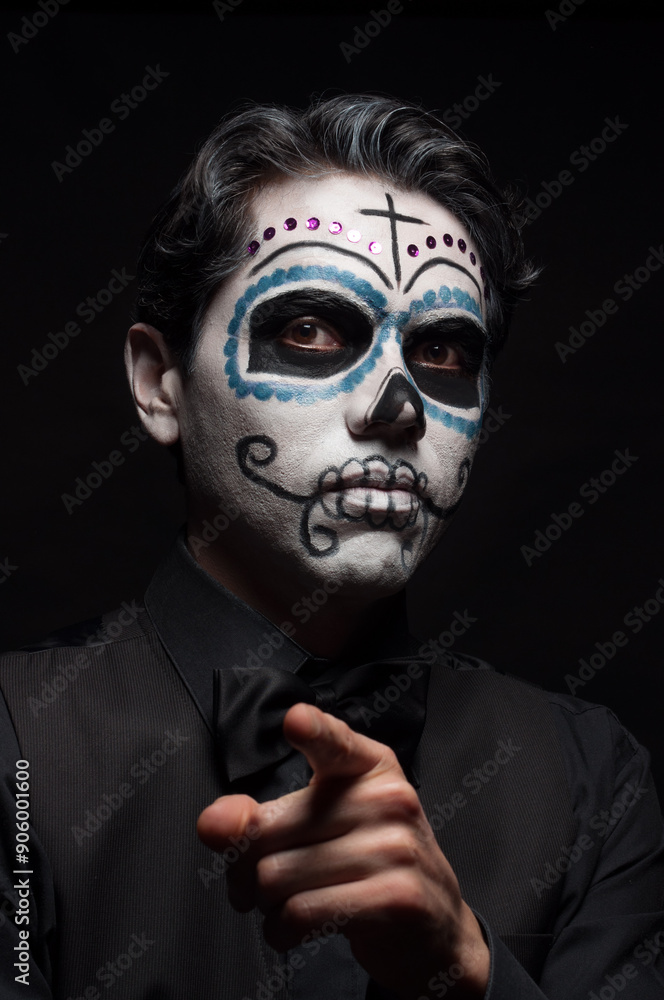 Man with Day of the Dead Makeup Pointing at Camera Man with Day of the Dead Makeup Pointing at Camera