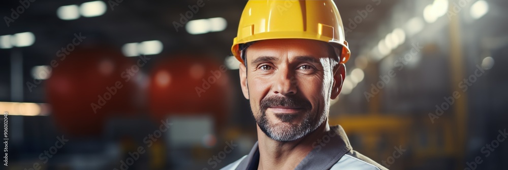 Portrait of a male industrial worker wearing a hard hat in a factory Portrait of a male industrial worker wearing a hard hat in a factory