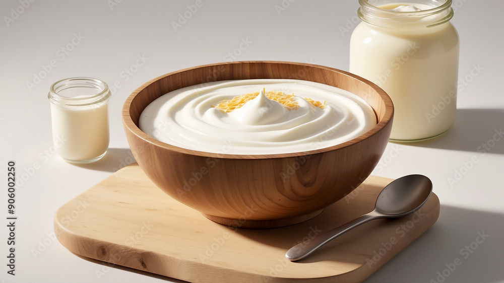 wooden bowl filled with sour cream, with a spoon scooping out a dollop. Nearby, a jar of mayonnaise and a container of yogurt are placed in a neatly arranged scene wooden bowl filled with sour cream, with a spoon scooping out a dollop. Nearby, a jar of mayonnaise and a container of yogurt are placed in a neatly arranged scene