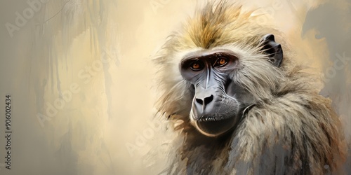 Portrait of a Serious Monkey with Light Brown Fur and Bright Orange Eyes photo