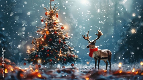 Wallpaper Mural Christmas banner with magical scene of reindeer in show with Christmas lights and stars with copy space created with Generative AI technology Torontodigital.ca
