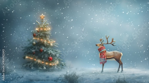 Christmas banner with magical scene of reindeer in show with Christmas lights and stars with copy space created with Generative AI technology