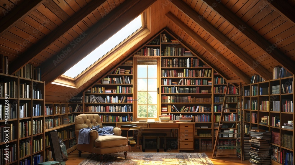 A cozy attic library with built-in bookshelves, a skylight, a comfortable reading chair, and a small desk for writing. A cozy attic library with built-in bookshelves, a skylight, a comfortable reading chair, and a small desk for writing.