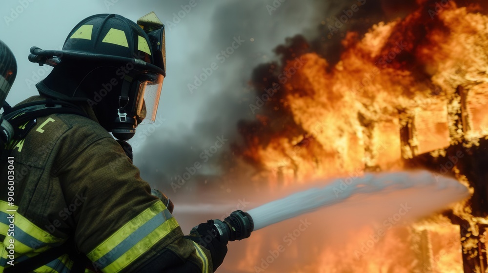 A firefighter in full gear extinguishing a blazing building, smoke billowing, and water spraying A firefighter in full gear extinguishing a blazing building, smoke billowing, and water spraying