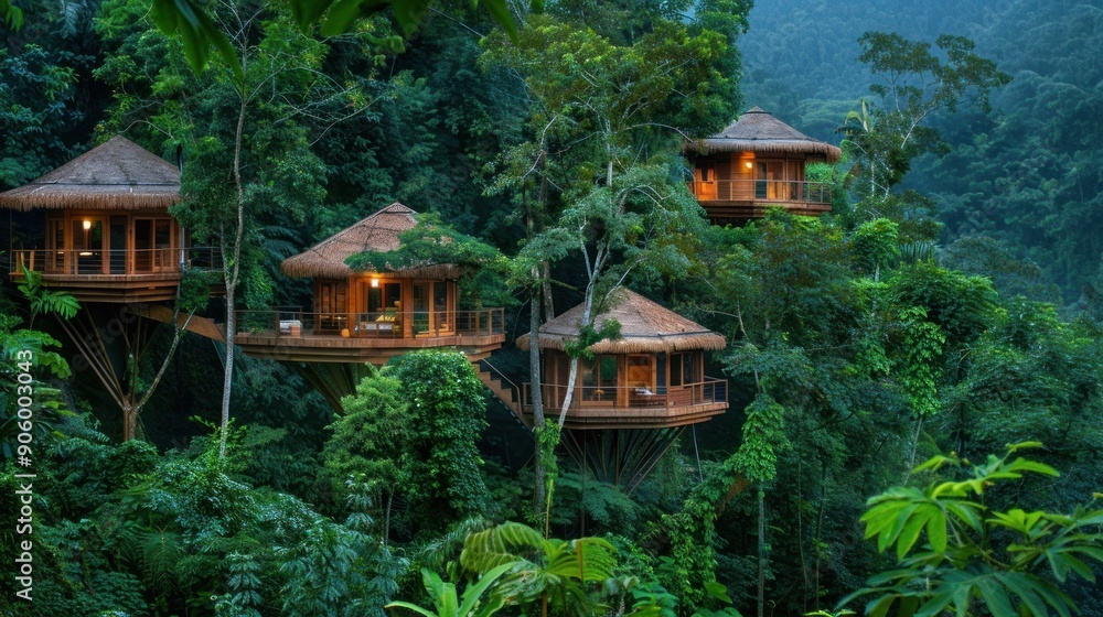 Treehouses Nestled in Lush Tropical Rainforest Treehouses Nestled in Lush Tropical Rainforest