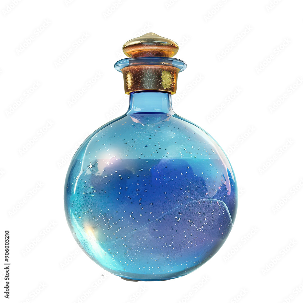 A Blue Glass Bottle with a Gold Top Containing a Glittering Liquid A Blue Glass Bottle with a Gold Top Containing a Glittering Liquid