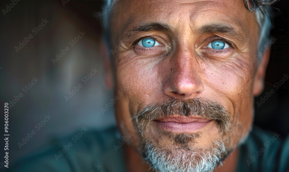 Close-Up Portrait of a Human Sorcerer with Grey Hair, Mustache, Goatee, and Kind Blue Eyes Close-Up Portrait of a Human Sorcerer with Grey Hair, Mustache, Goatee, and Kind Blue Eyes