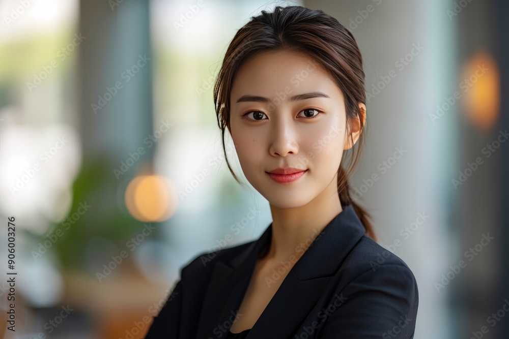 Obraz premium Confident young Asian businesswoman in a black blazer smiling in a modern office lobby during the day.